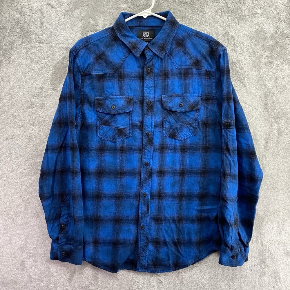 Rock & Republic Blue Black Plaid Flannel Shirt Men's S Long Sleeve